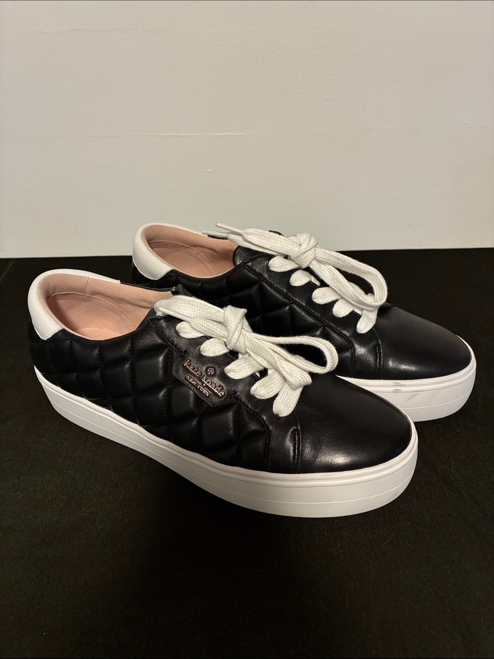 kate spade Quilted Black Leather Platform Sneakers with White Soles